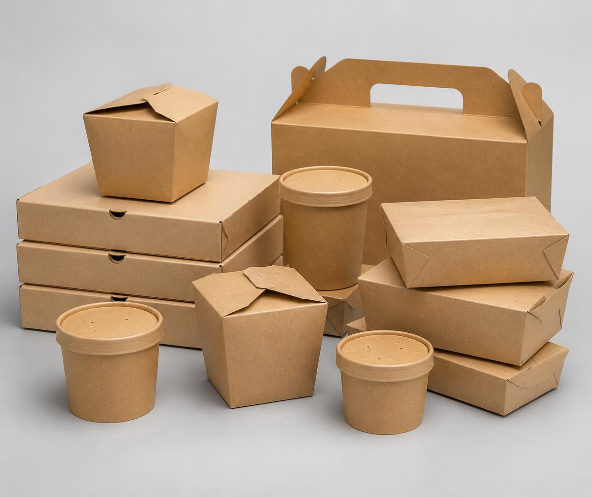 Conjunto de embalagens kraft para delivery, incluindo potes e caixas de encaixe