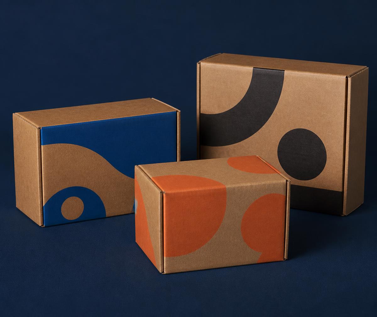 Três caixas de papelão com impressão colorida sobre fundo azul marinho