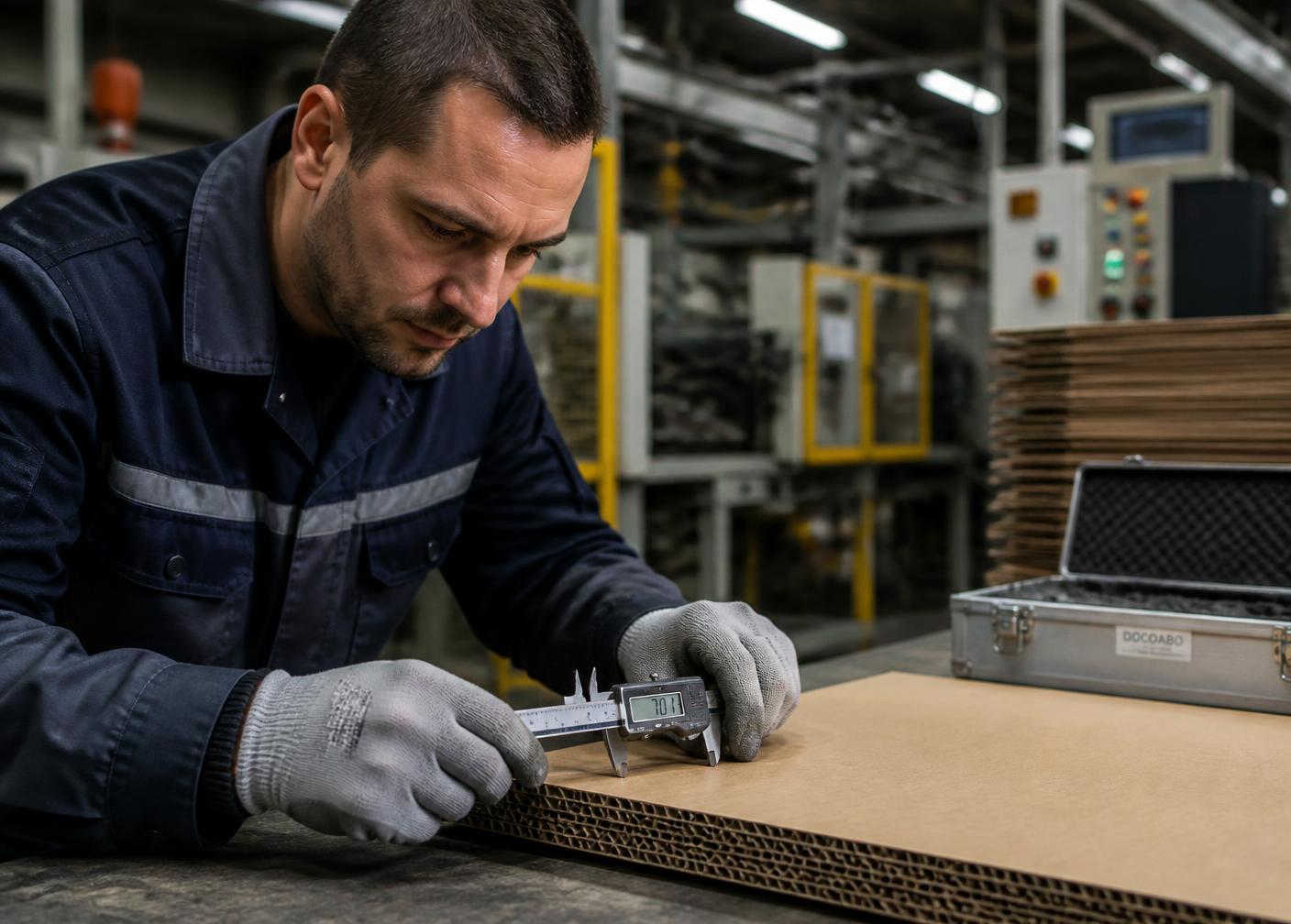 Técnico medindo a espessura de uma chapa de papelão com paquímetro digital