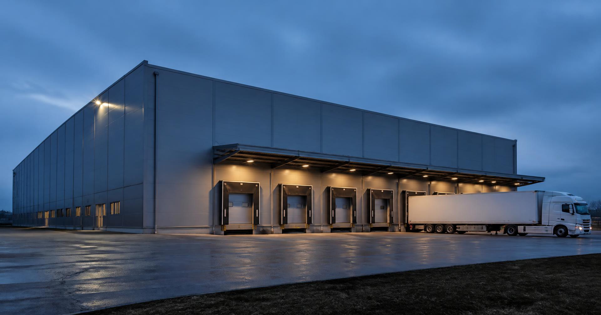 Fachada da planta industrial com docas de carregamento